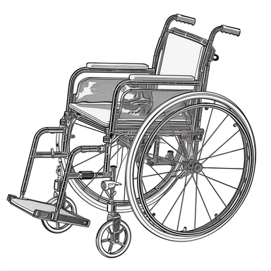 This black and white clipart features a simple yet detailed image of a wheelchair. The wheelchair is shown from a side view, with the frame, wheels, and footrests all visible. The lines used in the image are clean and precise, giving it a professional and polished look. This clipart is perfect for use in informational materials or educational resources about mobility and accessibility.