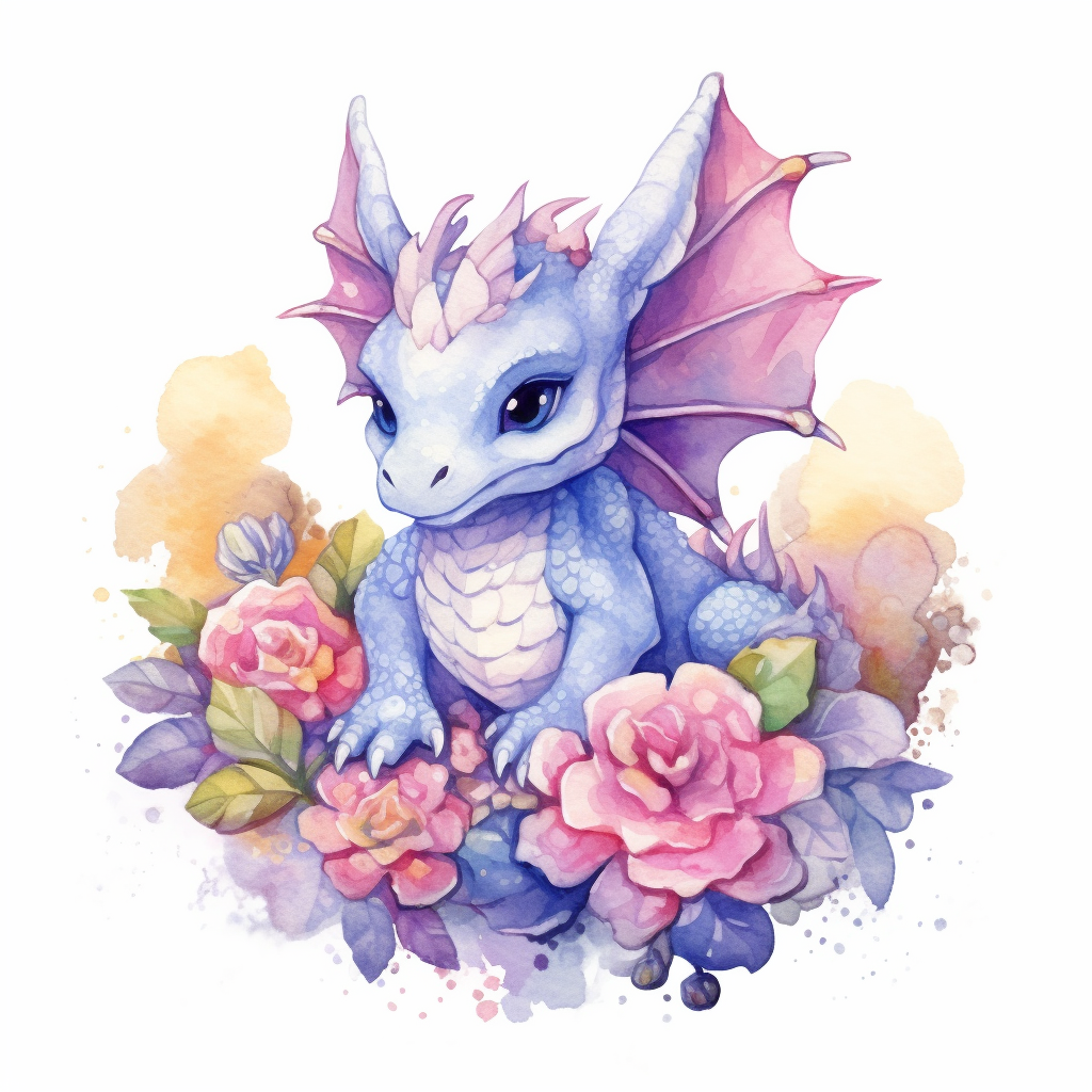 Watercolor fantasy baby dragon clipart full body, sitting, surrounded ...