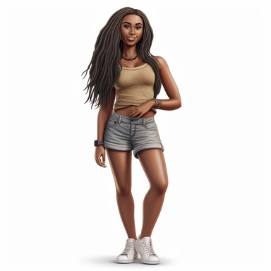 beautiful black teenage girl with beautiful long hair to her waist, dressed casually. Full perspective and, long shot A young black woman with full lips and a big beautiful smile, dressed in khaki shorts and a tank top, has long hair and beautiful shapely legs, wearing heels, clipart in the style of digital airbrushing, feminine sticker art, dollcore, realistic face, realistic body, glamorous,