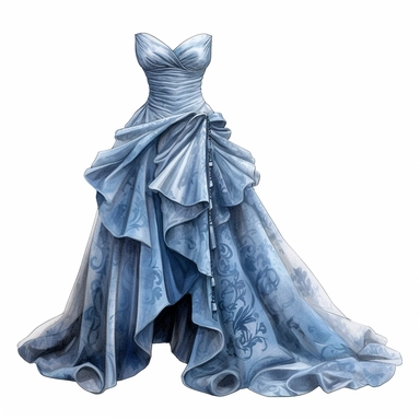 blue elegant party dress drawing, illustration clipart, high detailed, white background, digital art