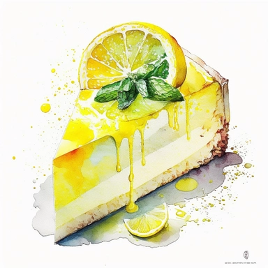 Watercolor one lemon cheesecake Clipart, citrus lemon, vibrant color, high details, white background, no text