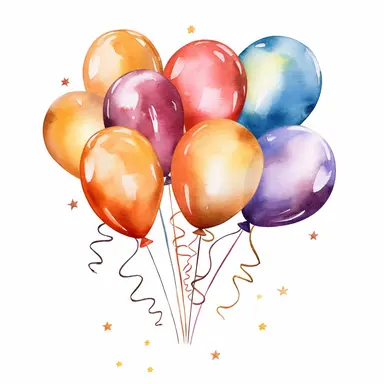 Balloons in a variety of shapes and colors with 'Happy Birthday' text clipart, white background, watercolor drawing