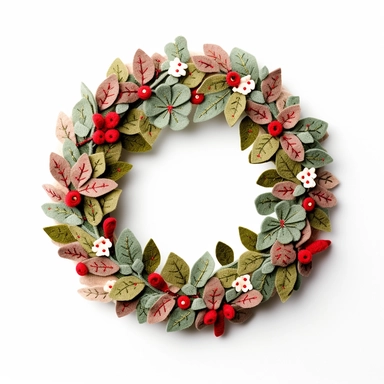 christmas wreath clip art made of felt with stitches around, 2D felt appliqué, on a white background, well defined edges, source light comes from the front