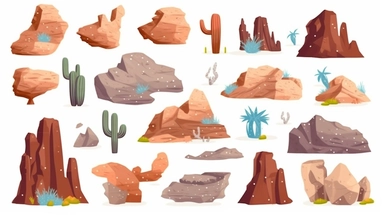 Desert rock vector set, cartoon stone canyon arc, Mexico eroded nature boulder isolated on white. Drought environment game object, dry cracked cliff kit west raw terrain formation. Desert rock clipart