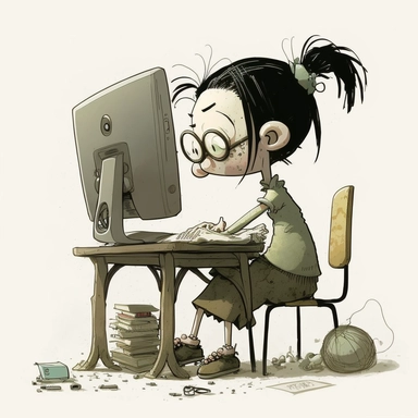 teacher girl using computer, clipart, by Shaun Tan, André Franquin anime, white background