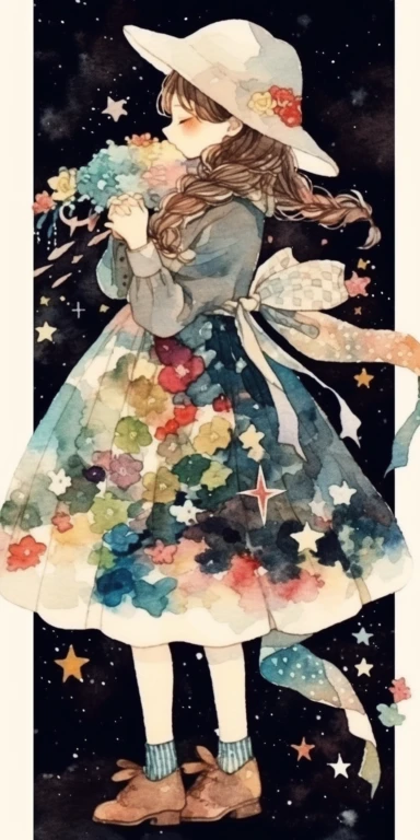 Watercolor beautiful feathers and flowers, stars and universe, beautiful girl, with smile, Full body, face side, fantasy illustration, perfect face, with beautiful face and with stars, beautiful brown hair, beautiful face, love, vintage long dress, vivid vibrant colors, intricate detail, hyper detailed, hyper quality, 32K, unreal engine, isolated on white background, kawaii, clipart, fantasy art
