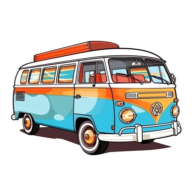 Retro Camper Van Clipart /imagineA retro camper van clipart against a clean white background. The illustration features a vintage camper van with a classic rounded shape and vibrant colors reminiscent of the 1960s. The camper van is adorned with retro details like chrome accents, colorful stripes, and a pop-up roof. The white background creates a modern and clean aesthetic. The lighting is soft and even, enhancing the camper van's features and vintage charm. The atmosphere exudes a sense of adve