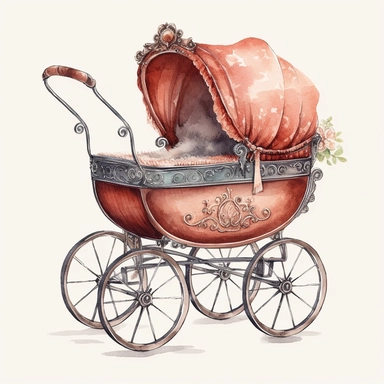 Vintage baby carriage, clipart style, watercolor technique, super high quality, professional watercolor clipart, high resolution, boho colors, no image noise