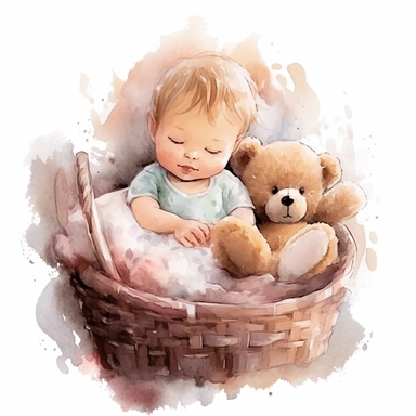 cute and adorable clipart of baby girl sleeping in a basket with a cute teddy bear, watercolor, hq, clearly defined images--q2--v5--s1000
