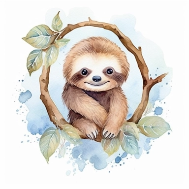 watercolor clipart, white background, charming cute and adorable perfect sloth hanging from a tree branch, perfect for a whimsical and relaxing sticker, perfect for whimsical print on demand