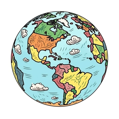 The planet Earth concept, cartoon style art, classic 2D vector art with white background, high detail, clean lines, solid white background, thick black border, clipart, clip art, bright colors