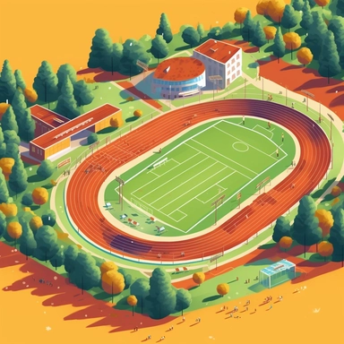 corporate clipart art style arial view of sports arena track and field orange colors green trees