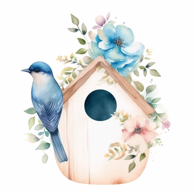 Watercolor bird house shaped tag with light blue florals white background clipart