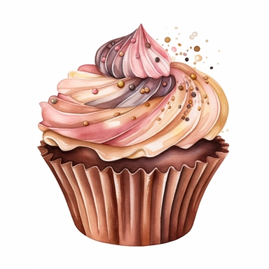 Watercolored pencil style illustration, decorated chocolate cupcake, beige pink gold brown, isolated on a white background, PNG file clipart style, Dennis Wojtkiewicz, Amanda Clark, Lowell Herrero,
