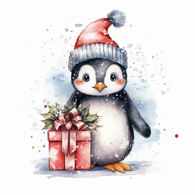 A lovable penguin wearing a Santa hat and a big smile, holding a christmas gift, standing on an icy surface, surrounded by snowflakes and a snowy backdrop, ornamental watercolor clipart