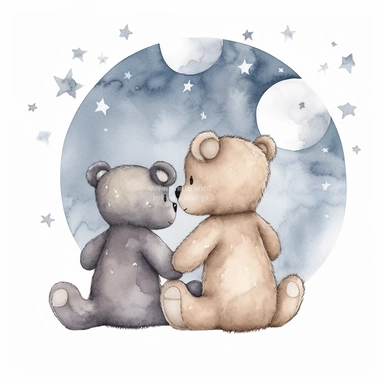 hand drawn pair of teddy bears back facing sitting together looking up at the night sky and the moon and stars, for a nursery, celestial accents, pastel shades, glamorous, watercolor, white background with margins, clipart style