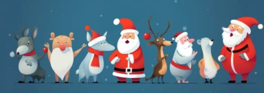 cartoon and merry christmas clipart of santa and his friends â€ , in the style of flat illustrations, 3840x2160, realistic forms, depictions of animals, theatrical gestures, dark cyan and white, cartoon mis-en-scene
