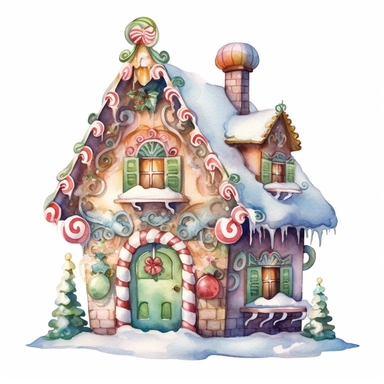 watercolor beautiful vintage Christmas gingerbread house candy house with icing fantasy clipart, whimsical, detailed watercolor style, on white background