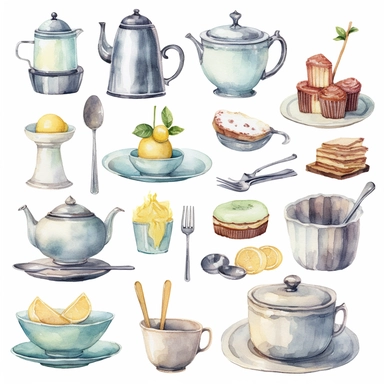 Watercolor vintage tea party items, illustrations clipart set, simple, soft colors, cartoon elements, different variants, teapot, sugar bowl, jug of milk, egg sandwich, stacked china plates, cake fork, tongs, china cup and saucer,napkin, knife,fork stacked teacups, lemon dish, , ,silver knife, ,silver fork, ,silver spoon,napkin, place markers, vase of flowers, bunting , separate elements with a margin