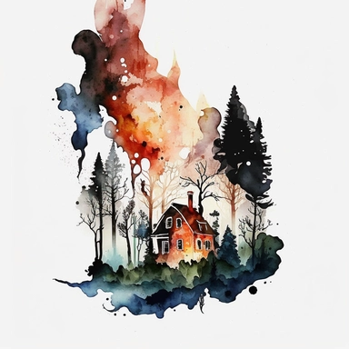 watercolor clipart of house forest fire white background