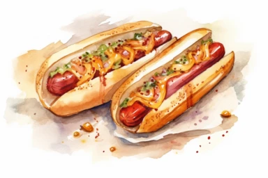 watercolor chilli hotdog meal , mustard, onion sand french fries with ketchup clipart, hd, isolated on white background, spaced out