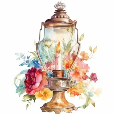 watercolor vintage rustic hurricane lamp with flowers in vibrant colors clipart, hd, white background--ar3.2--s1000