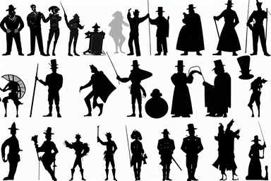 silhouettes of soldiers, priests, devils, fauns, angels, jugglers, cops, clowns, madmen. Bizarre, whimsical, random, victorian, theatrical, funny. Black and white clipart collection, white background