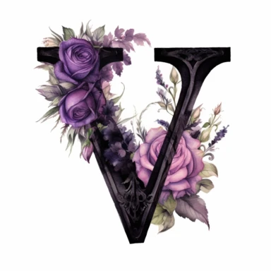 ultra beautiful Victorian vintage black alphabet letter V, decorated with goth black and purple roses, water colour illustration, clipart, white background