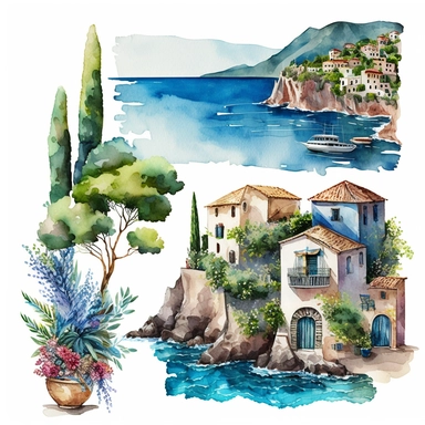 beautiful watercolor clipart of a Mediterranean scene with rustic village houses and italian seascape, warm summer blue and white hues, compositions on an isolated white background. Bright landscapes illustrations, highly detailed