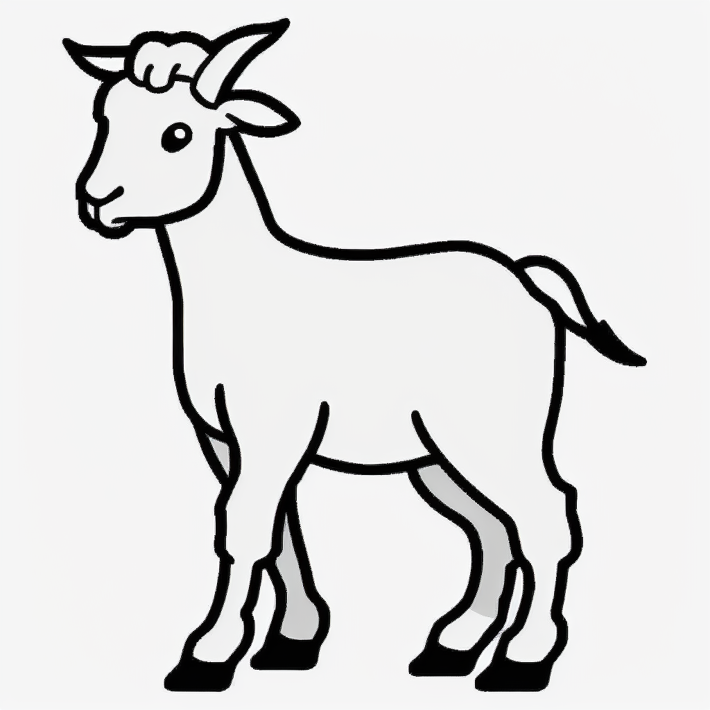 Simple outline of a Goat, kids cartoon, minimalist, black on white, lineart, 2d flat file, silhouette, clipart, uninterrupted outline as in an svg, perfect outline corners, make it an outline svg and fill color white, exact outline, the line should not be thickened, the line should not be thicker or thinner, the outline of the line should be thin, maximum 1 millimetre.