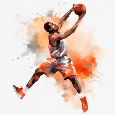 a watercolor clipart of a basketball player dunking, watercolor painting, no background, white background color, no-text