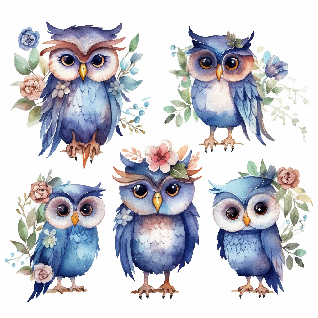 watercolor owls and flowers, illustrations clipart set, simple, cartoon ...