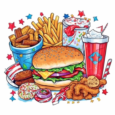 Independence day cookout food, Clipart, 4th of july, white background, crisp detail, cute, cartoon, black outline, vibrant