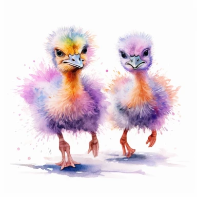 pair of cute ostrich chicks, running in sync, vibrant pastels, clipart, on a white background