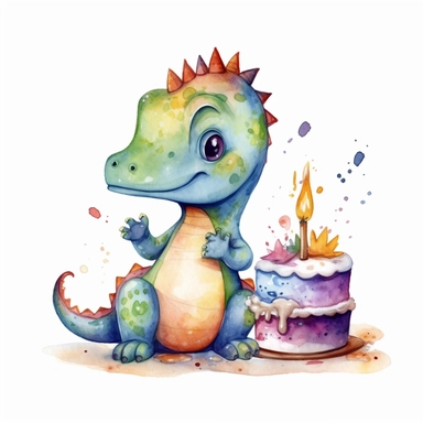 High resolution, cute dinosaur holding birthday cake, watercolor clipart, completely white background