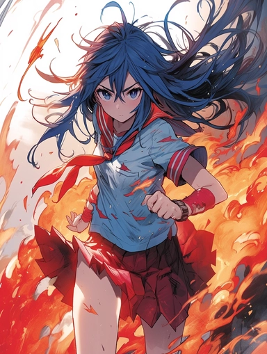 Ikki Tousen Ryomou Shimei Japanese manga series, paint art style, clipart, school background, superrealistic, one of a kind. The artwork features a dynamic, action - packed composition, with swirling energy blasts and dynamic poses adding to the sense of motion and excitement. The lighting is dramatic and moody, with deep blues and purples creating a sense of tension and danger. The overall mood is one of fierce determination, as Frieza battles to overcome his opponents.