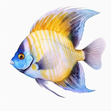 A Watercolor Angelfish, full body, vividly bold designs png realistic cartoon in 32K UHD cute. 15 cm thick outline. There was no shadow on the ground. 8k with realistic watercolors. and detailed illustrations, clipart, white background