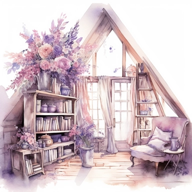 A fairytale style attic corner with watercolor effect,suitable for digital clipart,white background,magical flowers,magical scene,fairy vibrant colors,pink,purple,lavender,soft details