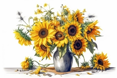 watercolor sunflower clipart sunflower floral bouquet in the vase on the table , white background. Watercolor predator animals wildlife. Ultra High Realistic. ultra high resolution, Isolated on White Background. 32K ,