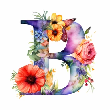 watercolor letter B with colorful flowers clipart, single clipart, high resolution, vibrant colors, 8k