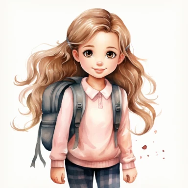 Back to school Watercolor Clipart, A cute happy school girl with backpack, pink themed , single object, highly detailed, hand drawn watercolor illustration ,png transparent background, white background for removing background - - no text shadow font watermark