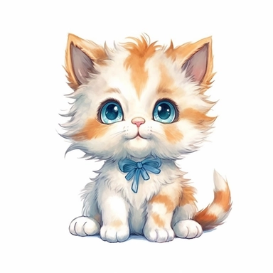 a whimsical cute fluffy baby cat cartoon clipart on white background with margins, watercolor, icon, sticker art