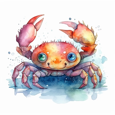 cute fantastical crab clipart, semi watercolor style, isolated on white background, clear background separation, clear sharp, no text, no watermark