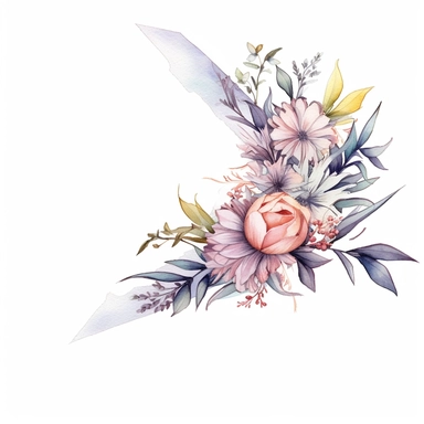 4 watercolor ribbon pastel ethereal corner border floral arrangements clipart, clean lines, white background, hd