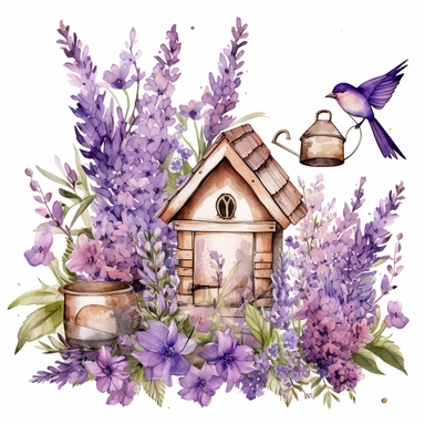 a set of unique EFFERVESCENT watercolor-style clip art images of lavender flowers in different stages of blooming growing around a birdhouse with lavender flowers, gardening tools with intricate designs, the setting must be a floral wonderland with a feminine spring-colored theme, romance, and whimsy or pastel, Perfect for mothers Day, a secret garden theme, including garden decorations with elements such as fantasy, fantasy-inspired floral patterns, The overall mood of the images should be a fa