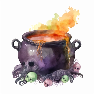 hand drawn black cauldron with bubbling potion, large bone in the cauldron, an octopus tentacle coming out of cauldron and hanging on the side, Halloween, purple orange and green shades, fantasy, glamorous, clipart style, detailed and realistic, watercolor, white background with margins