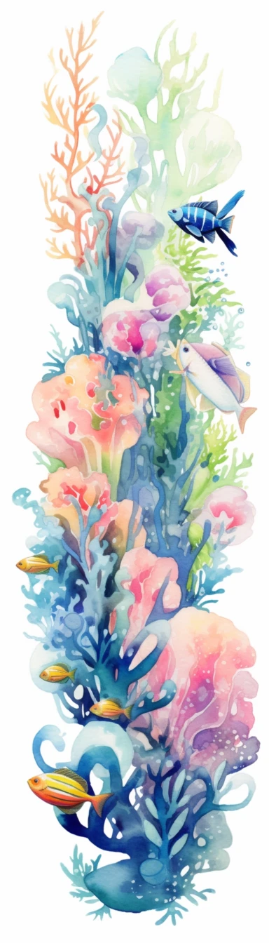 Clipart Tropical fish swimming among coral reefs, Watercolor, white background, vertical format