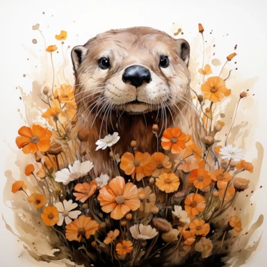 Whimsical otter on spring meadow watercolor clipart, white background