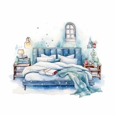watercolor clipart of a cute vintage bedroom, sparkles, cosy winter wonderland vibes, isolated on white background