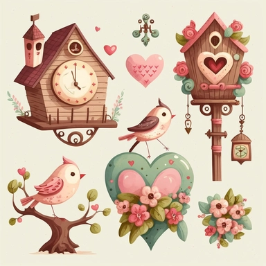 Create a collection of charming and whimsical clip art images of Valentine's themed cuckoo clocks. The images should incorporate elements such as traditional cuckoo clock designs adorned with symbols of love and Valentine's day such as hearts, cupids, and roses. Use watercolor and cartoon-style illustrations to add a playful and imaginative touch. The overall design should evoke a sense of love and celebration, highlighting the beauty and simplicity of natural materials and flowers in a traditio